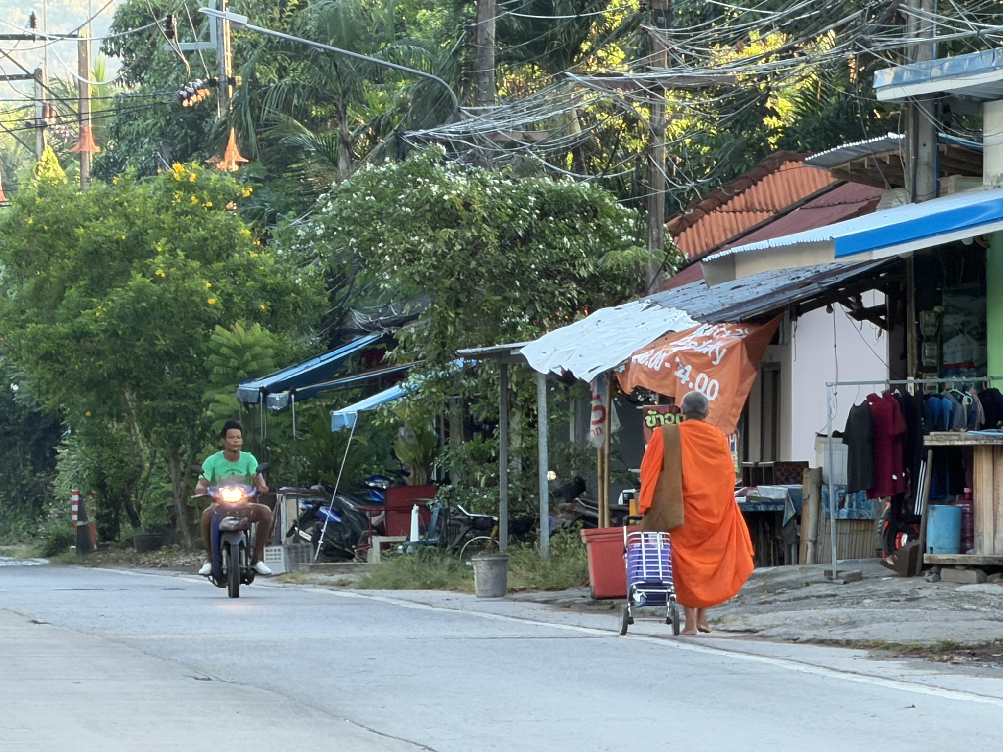 A monk walking a village street at dawn