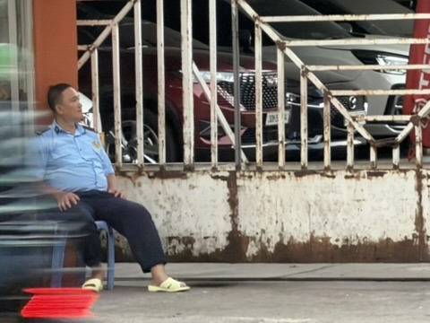 Security guard resting by a row of cars